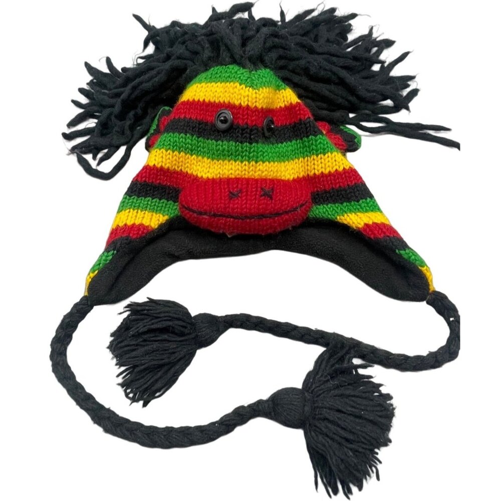 rasta mohawk monkey beanie tie fringe wool animal hat braded crazy red os READ